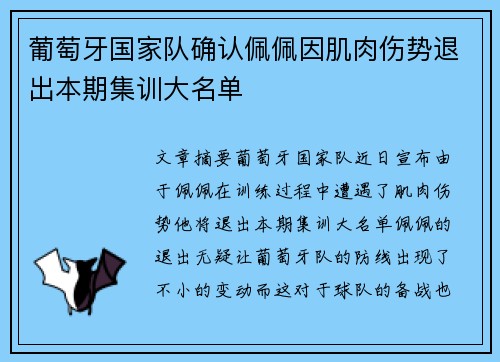 葡萄牙国家队确认佩佩因肌肉伤势退出本期集训大名单